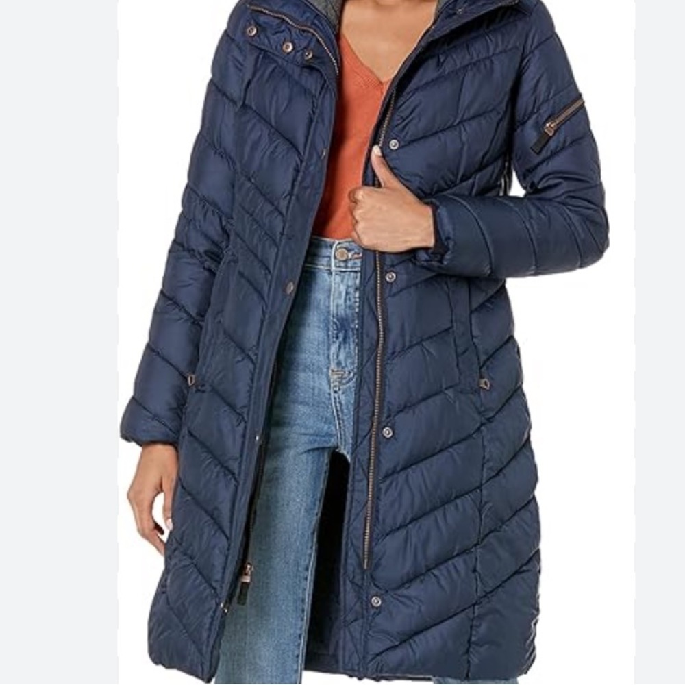 Marc New York Andrew Marc Women's S Navy Blue Down Puffer Coat Chevron Quilted
